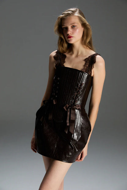 FEEMUSE ARIA BROWN LEATHER SKIRT