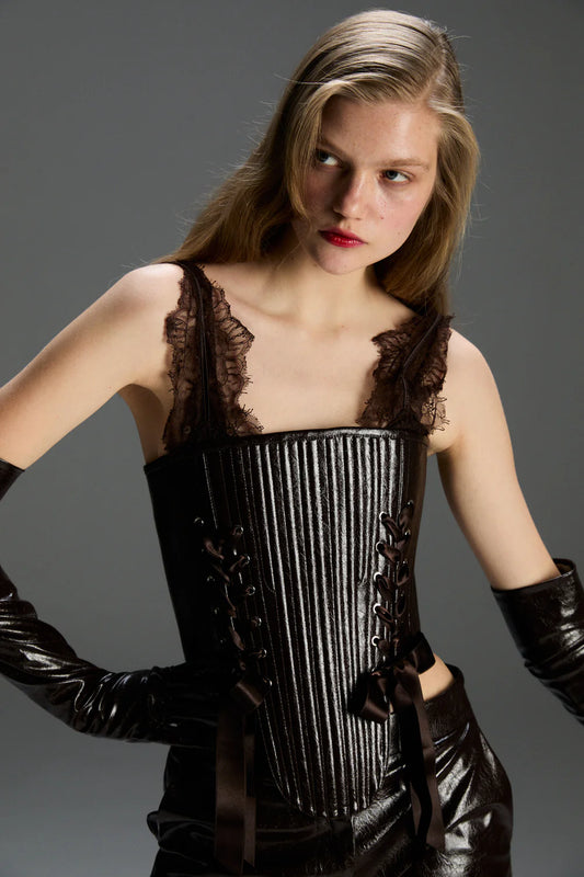 FEEMUSE MARIE BROWN LEATHER CORSET SET